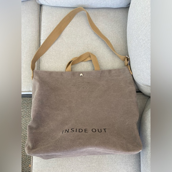 inside out Handbags - INSIDE OUT Canvas Tote Bag in Taupe with Tan Straps